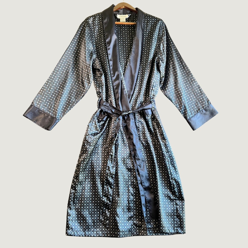 Concepts by Claiborne Unisex Robe OS Black Satin Geometric Print Luxury Silky